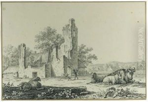 A Shepherd Near The Ruin Of The Abbey Of Rijnsburg With Cattleresting In The Foreground, Farmhouses Beyond; And A Milking Girl Bythe Ruin Of Catstle Brederode With Cattle Resting In Theforeground by Pieter De Goeje