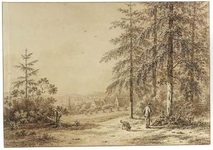 Travellers Resting In A Hilly Wooded Landscape, A Cornfield Withfarmhouses Beyond
