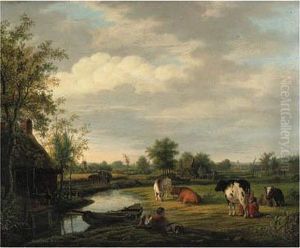 Peasants And Cattle By A Cottage In A River Landscape by Pieter De Goeje