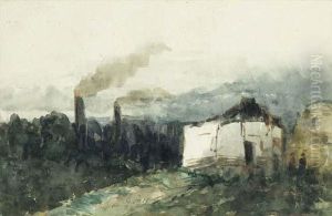 Paysage Industriel, Avec Une Chaumiere Devant Laquelle On Distingue
2 Petits Personnages. Au Loin, De Hautes Cheminees Industrielles
Dont S'echappe De La Fumee. by Jules Alfred Huot De Goncourt