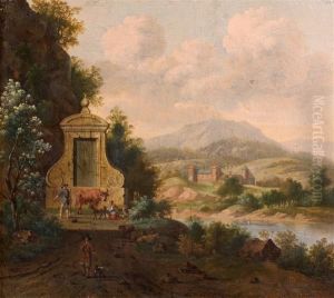 Paysans Pres D'une Fontaine Dans Un Paysage Fluvial
