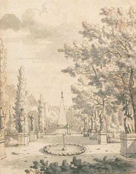 Allee Eines Palastgartens Mit Brunnen, Statuen Und Einem Obelisk. - view 1