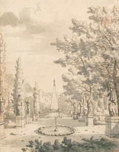 Allee Eines Palastgartens Mit Brunnen, Statuen Und Einem Obelisk.