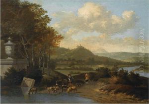 Shepherds With Their Flock Watering In A Classical Landscape by Josua de Grave