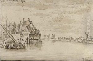 View Of The River Maas At Dordrecht by Josua de Grave