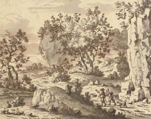 A Rocky Landscape With Travellers On A Path by Josua de Grave
