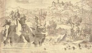 A Rocky Landscape With A Castle On A Hilltop by Josua de Grave