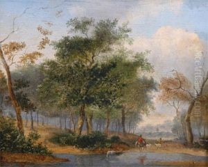 Figures On Horse Back With Goats Crossing A Ford