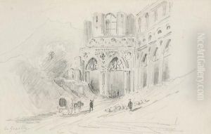 Charrette Et Berger Pres Des Ruines D'un Monument Gothique