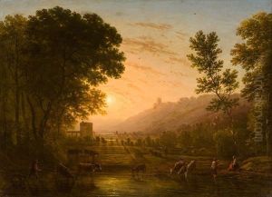 Paesaggio Al Tramonto Con Pastori E Armenti
