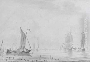Barges In A Dutch Estuary by Cornelis De Grient