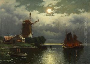 Dutch River Landscape With Windmill And Fishing Boats At Full Moon by Catharina De Groot