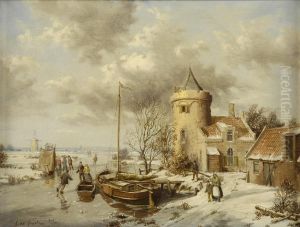Hollandische Fluslandschaft Mit Regem Treiben. by A. J. F. De Groote
