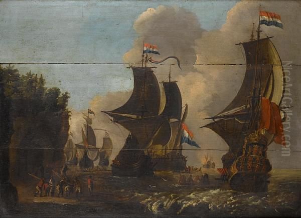 Sailors Disembarking From Men O'war, A Naval Battle In The Distance - view 1