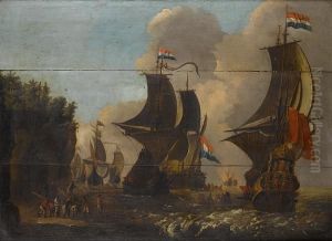 Sailors Disembarking From Men O'war, A Naval Battle In The Distance