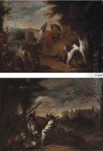 A Wooded River Landscape With A Huntsman And His Dogs by Adriaen de Gryef