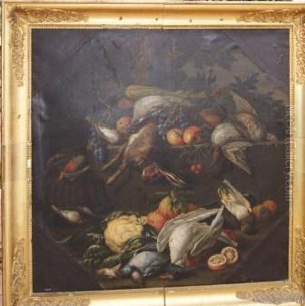 Nature Morte Au Gibier (sarcelle, Perdreau Rouge, Grive Musicienneet Pigeon Ramier), Aux Legumes Et Aux Fruits - view 1