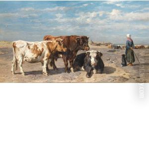 Herdswoman With Cows By The Sea by Johannes-Hubertus-Leonardus de Haas