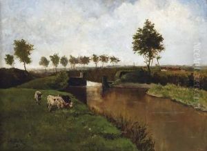Vaches Au Bord Du Canal by Johannes-Hubertus-Leonardus de Haas