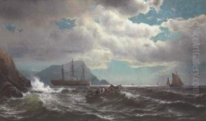 Lobstermen Off A Northeast Coast Probably Maine With A Packet Ship And A Steam Tug In The Distance by Mauritz F. H. de Haas