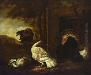 Landscape With Chickens, Turkey And A Rabbit by Abraham I De Haen