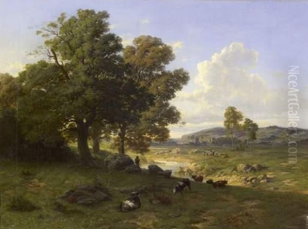 Paysage De Campagne A La Riviere Avec Un Patre Et Son Troupeau - view 1