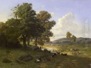 Paysage De Campagne A La Riviere Avec Un Patre Et Son Troupeau by Carlos de Haes