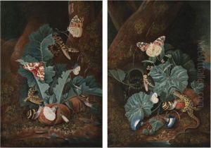 A Forest Floor With A Lizard, A Painted Lady Butterfly, A Snake, Morning Glory And Fungi;
 A Forest Floor With A Lizard, A Red Tiger Moth, A Snake, Thistles, Convolvulus And Fungi by Carl Wilhelm de Hamilton