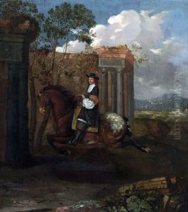 Reiter Bei Der Courbette Vor Sudlicher Landschaft by Johann Georg Hamilton