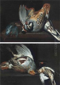 A Pigeon, A Bullfinch, A Kingfisher And Other Birds On A Ledge by Ferdinand Phillip de Hamilton