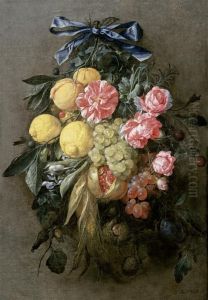 Arrangement Of Hanging Flowers With Fruits On A Blue Ribbon