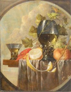 Still Life With Roemer, Lobster, Bread, Grapes And Lemons On A Table Top by David Cornelisz. de Heem