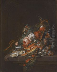 A Still Life Of Oysters, Grapes, Cherries, Roses, Corn, Snails, A Melon And A Silver Sugar Shaker On A Stone Plinth by David Cornelisz. de Heem