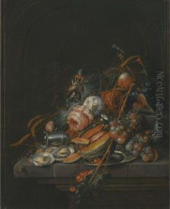 A Still Life Of Oysters, Grapes, Cherries, Roses, Corn, Snails, Amelon And A Silver Sugar Shaker On A Stone Plinth