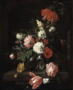 A Tulip, Pink Roses, A Crown Imperial Lily And Other Flowers In Aglass Vase, All On A Stone Ledge, Surrounded By Butterflies by David Cornelisz. de Heem