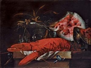 Still Life With A Lobster, A Watermelon, A Half-filled Roemer, Grapes And Wheat On A Table by David Cornelisz. de Heem