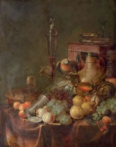 Grapes, Peaches, Cherries, A Melon And An Artichoke, With A Blue And White Porcelain Dish, Glasses And A Jug On A Draped Table With A Parrot by David Cornelisz. de Heem