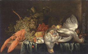 A Still Life With A Lobster, Game, Grapes And Other Fruit All Arranged On A Partly Draped Table by David Cornelisz. de Heem