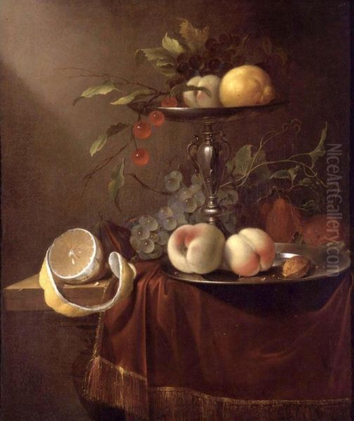 Still Life Of Peaches, Grapes And Cherries On A Silver Tazza, Together With Peaches On A Pewter Plate, A Lemon And Other Fruit All On A Draped Table - view 1