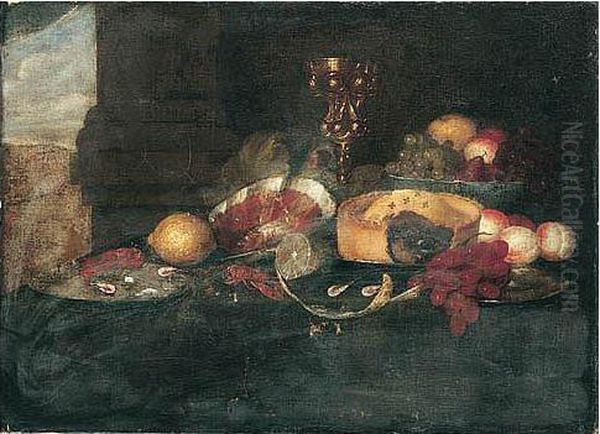 Still Life Of Fruit In A Blue-and-white Porcelain Bowl, Grapes, Peaches, A Pie, Peeled And Whole Lemons On Pewter Plates, Shrimp, A Ham, And An Ormolu Tazza Behind, All Set Upon A Table - view 1