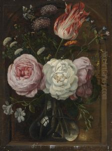 Flower Still Life With A Tulip And Roses In A Glass Vase by Jan Davidsz De Heem