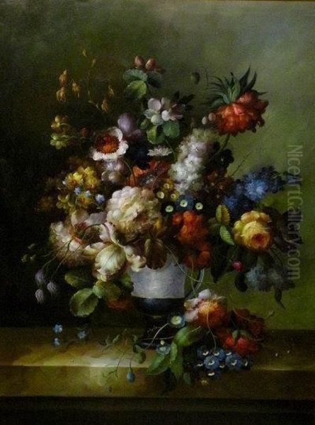 Flowers In An Urn On A Marble Ledge - view 1