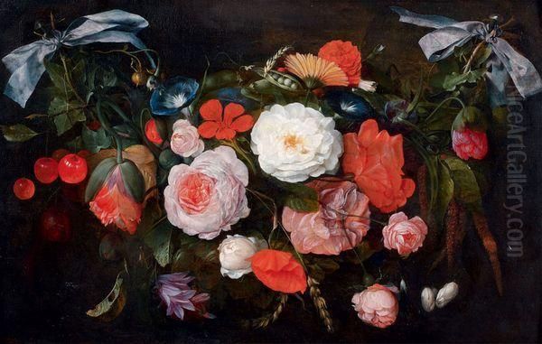 Guirlande De Roses, Belle De Jour, Pavots Et Autres Fleurs Avec Des Cerises Et Du Froment - view 1