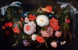 Guirlande De Roses, Belle De Jour, Pavots Et Autres Fleurs Avec Des Cerises Et Du Froment by Jan Davidsz De Heem