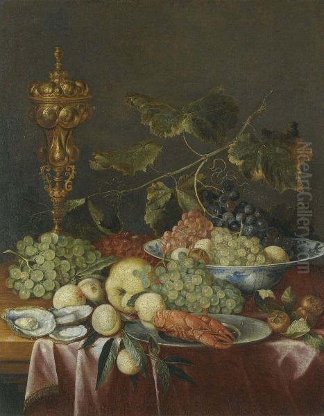A Still Life Of Fruit, Nuts And Oysters With A Delftware Bowl, A Gilt Cup And A Crayfish On A Pewter Plate, All On A Table Partially Draped With A Red Cloth - view 1