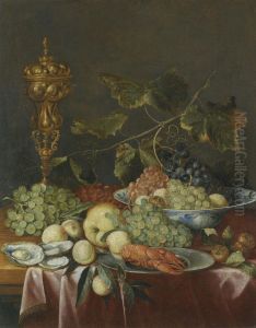 A Still Life Of Fruit, Nuts And Oysters With A Delftware Bowl, A Gilt Cup And A Crayfish On A Pewter Plate, All On A Table Partially Draped With A Red Cloth by Jan Davidsz De Heem