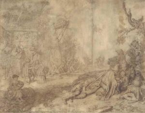 A Village Scene With Peasants Relaxing Under A Tree To The Left,others Dancing Around A Maypole Beyond