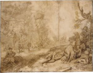 Village Scene With Gypsies And Peasants, And Figures Dancing Around A May Pole