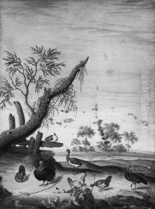 Turtles, Peacocks And Chickens Near A Pond In A Landscape