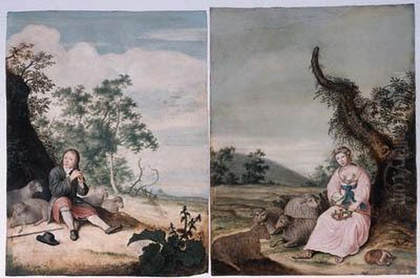 A Pastoral Portrait Of A Young Man As A Shepherd Playing A Flute;and A Pastoral Portrait Of A Young Woman As A Shepherdess, Holdinga Letter And A Floral Wreath, Her Dog Nearby - view 1